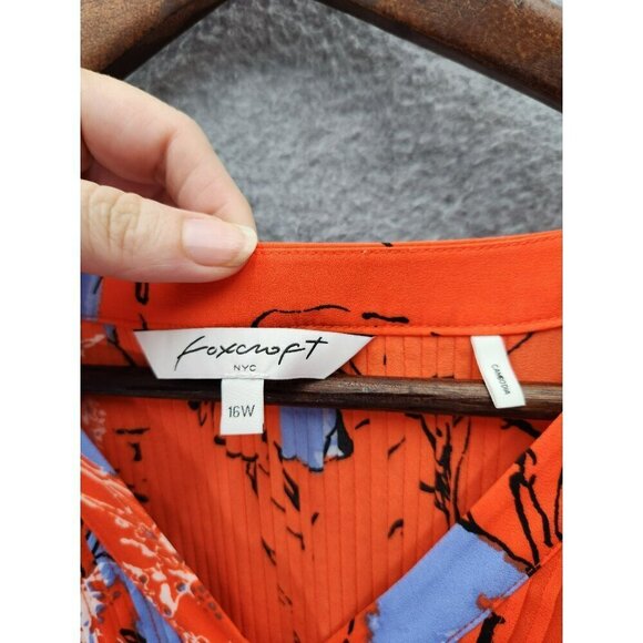 Foxcroft NYC Womens Floral Blouse 16W Vibrant Orange & Blue Long Sleeve Button - Picture 2 of 5